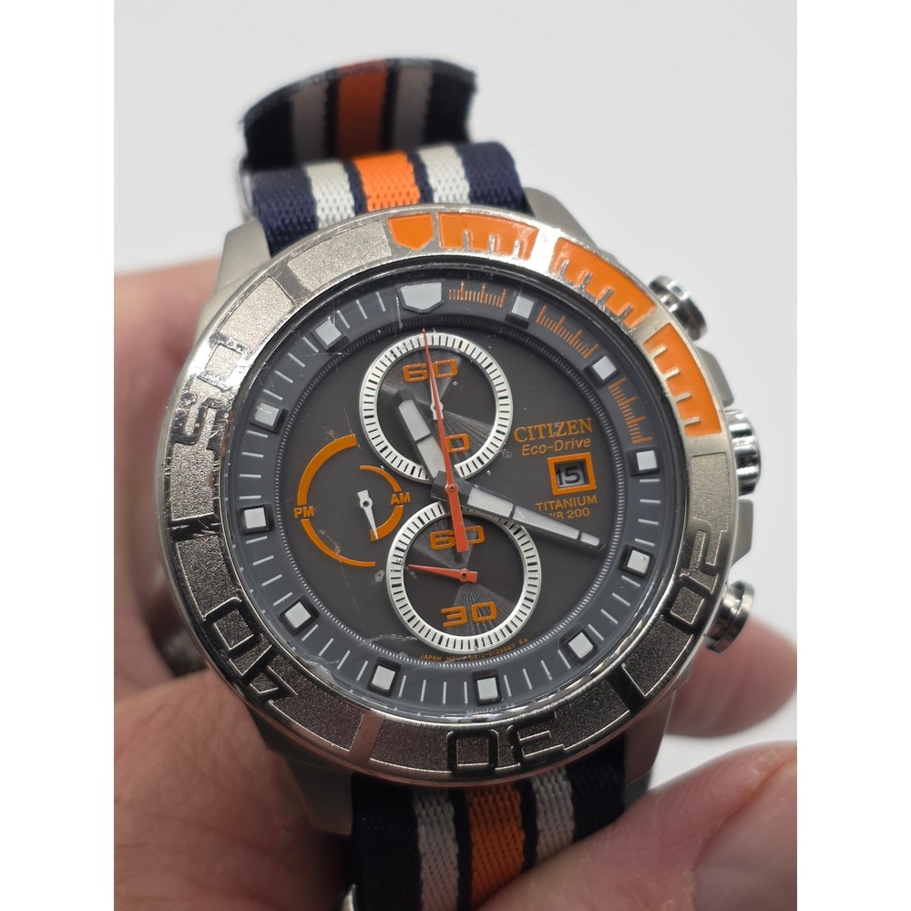 Citizen Eco-Drive Brycen Titanium Chronograph Watch Grey Orange CA0500-51L Mens